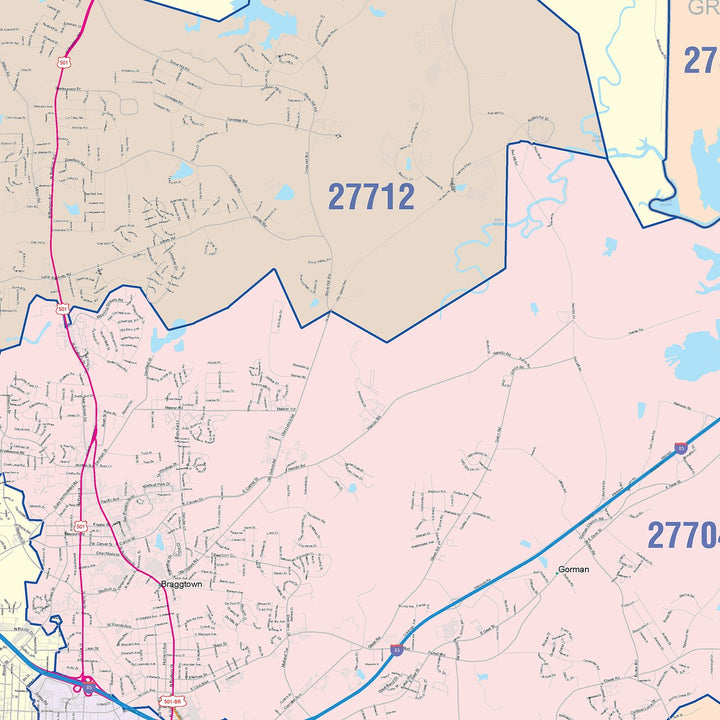 Color Cast Zip Code Style Wall Map of Durham, NC