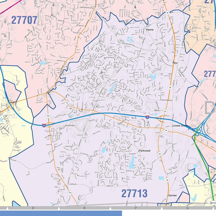 Color Cast Zip Code Style Wall Map of Durham, NC