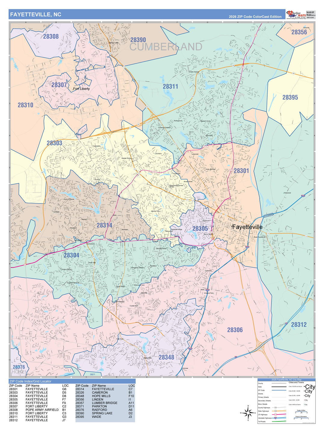 Color Cast Zip Code Style Wall Map of Fayetteville, NC