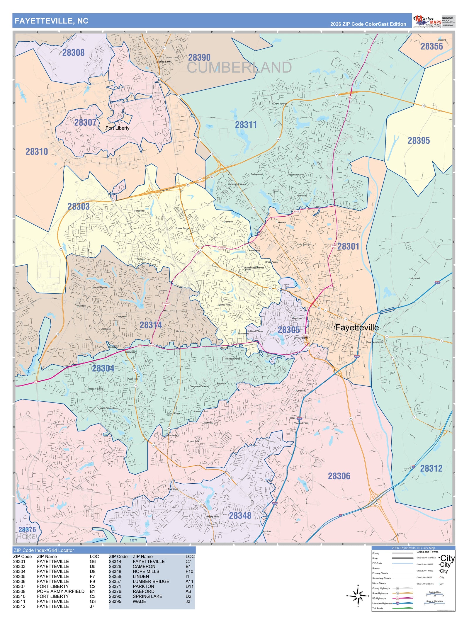 Color Cast Zip Code Style Wall Map of Fayetteville, NC