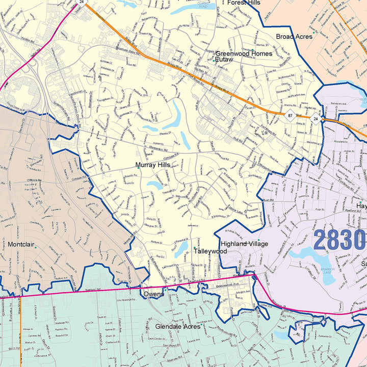 Color Cast Zip Code Style Wall Map of Fayetteville, NC
