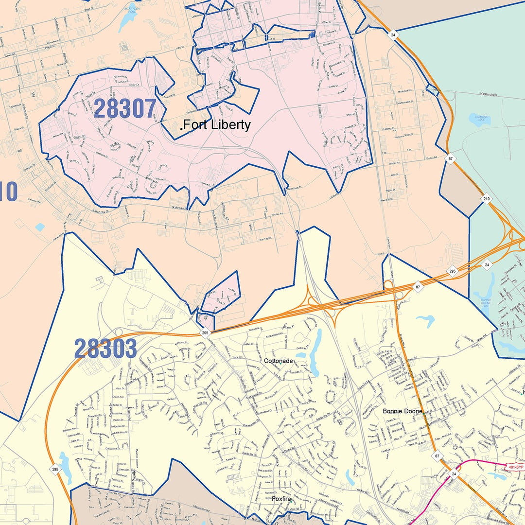 Color Cast Zip Code Style Wall Map of Fayetteville, NC