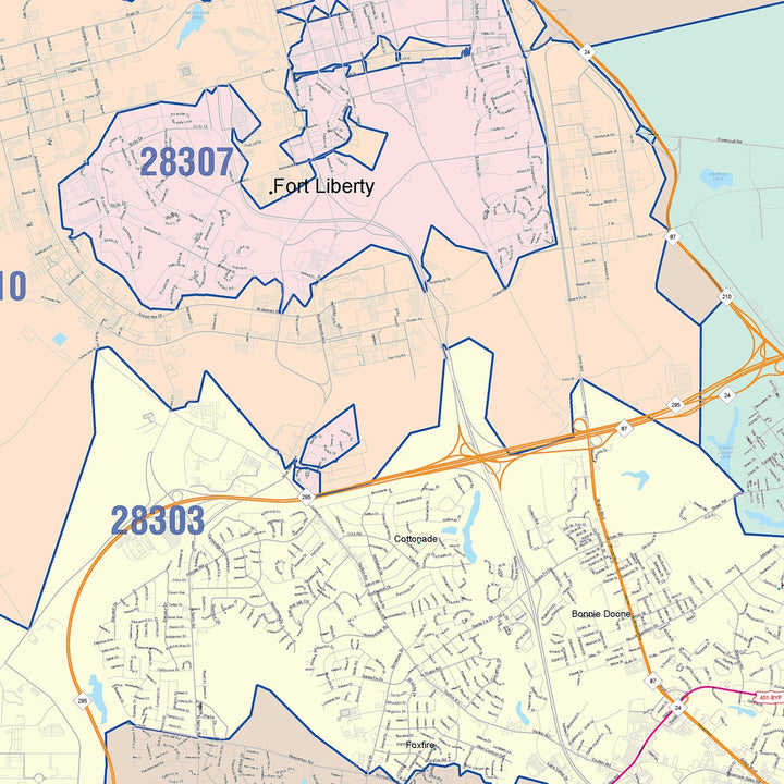 Color Cast Zip Code Style Wall Map of Fayetteville, NC