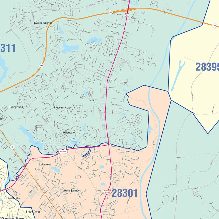 Color Cast Zip Code Style Wall Map of Fayetteville, NC