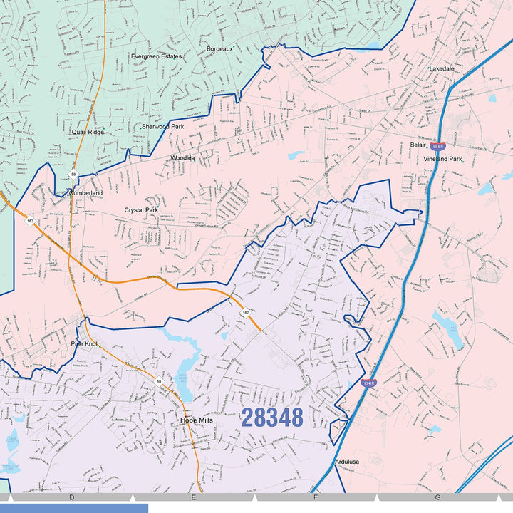 Color Cast Zip Code Style Wall Map of Fayetteville, NC