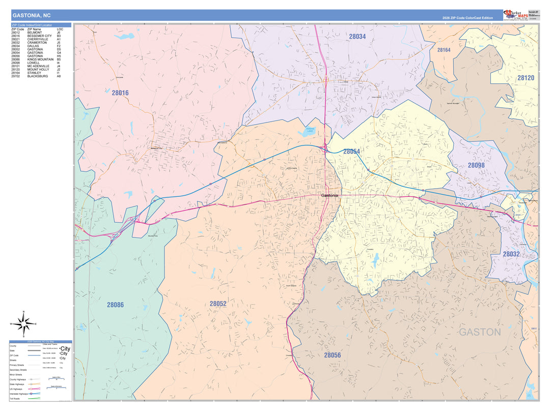 Color Cast Zip Code Style Wall Map of Gastonia, NC