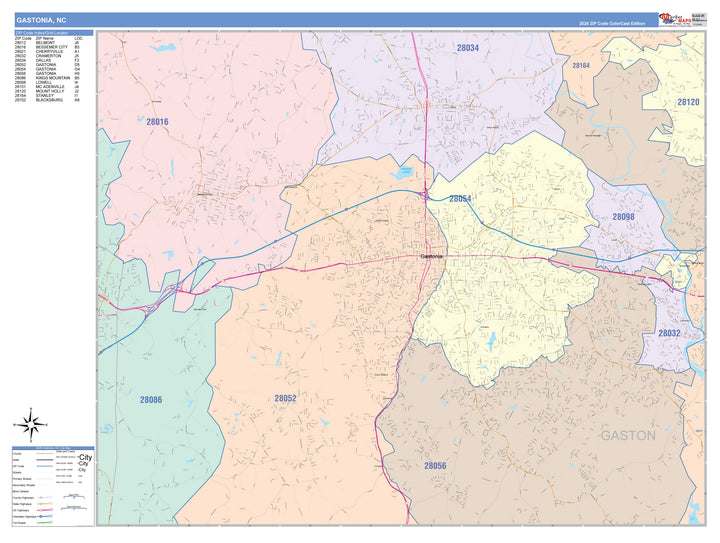 Color Cast Zip Code Style Wall Map of Gastonia, NC