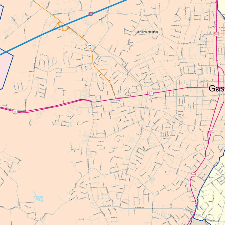 Color Cast Zip Code Style Wall Map of Gastonia, NC