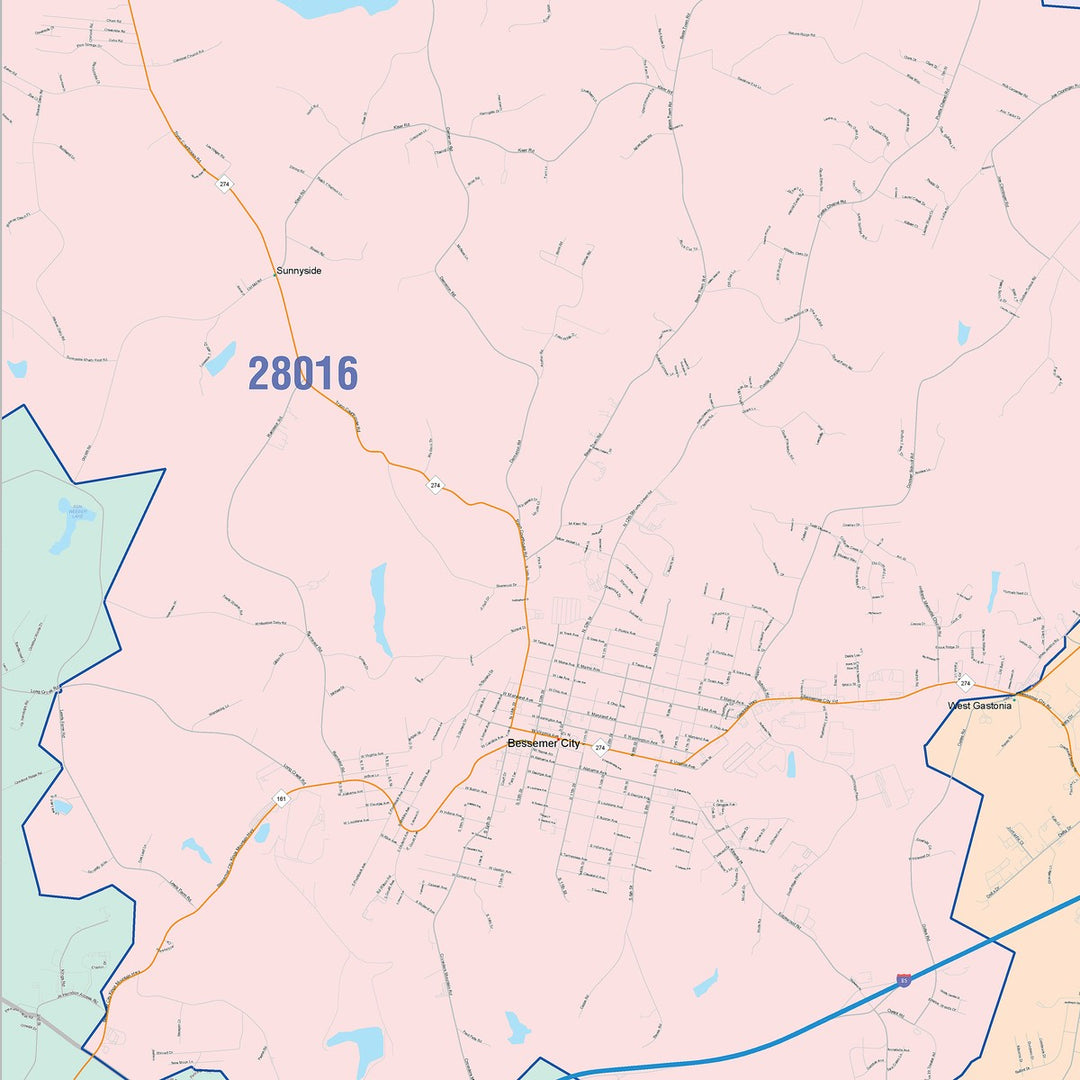 Color Cast Zip Code Style Wall Map of Gastonia, NC