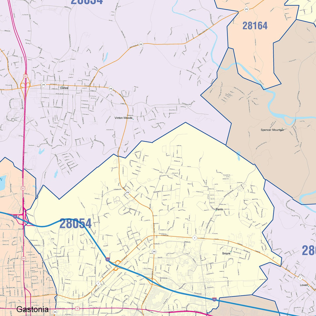 Color Cast Zip Code Style Wall Map of Gastonia, NC