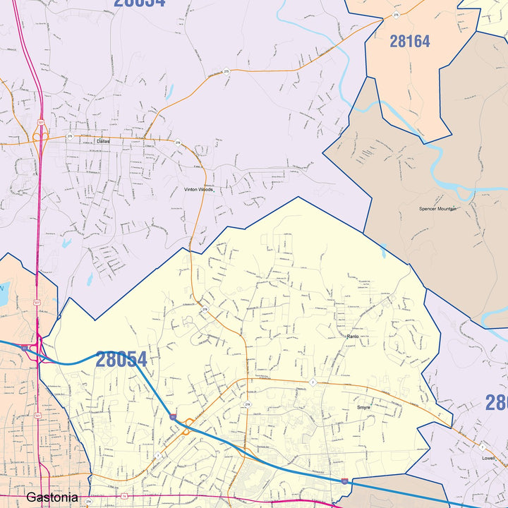Color Cast Zip Code Style Wall Map of Gastonia, NC