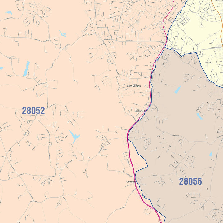 Color Cast Zip Code Style Wall Map of Gastonia, NC