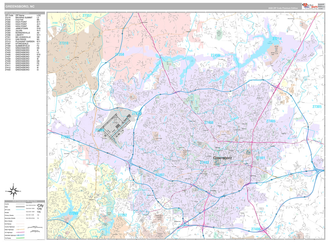 Premium Style Wall Map of Greensboro NC