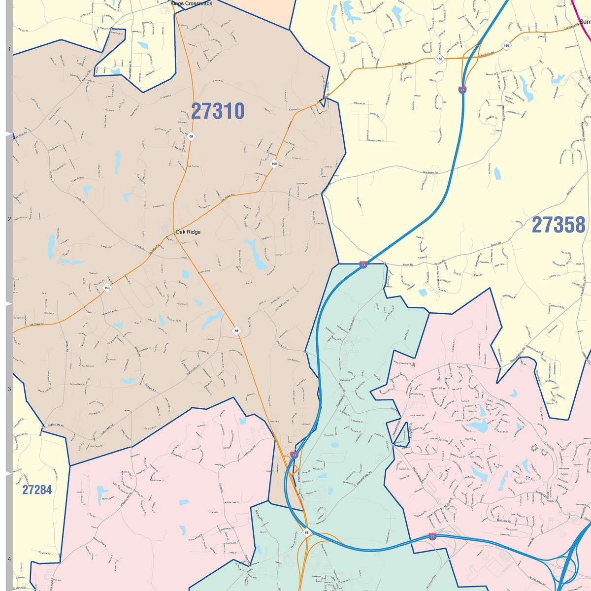 Color Cast Zip Code Style Wall Map of Greensboro, NC – American