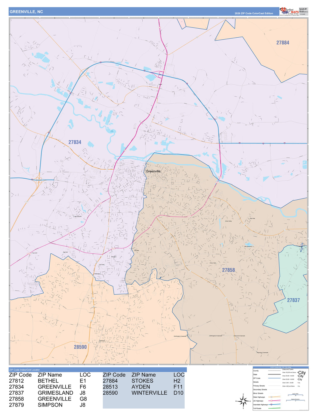 Color Cast Zip Code Style Wall Map of Greenville, NC