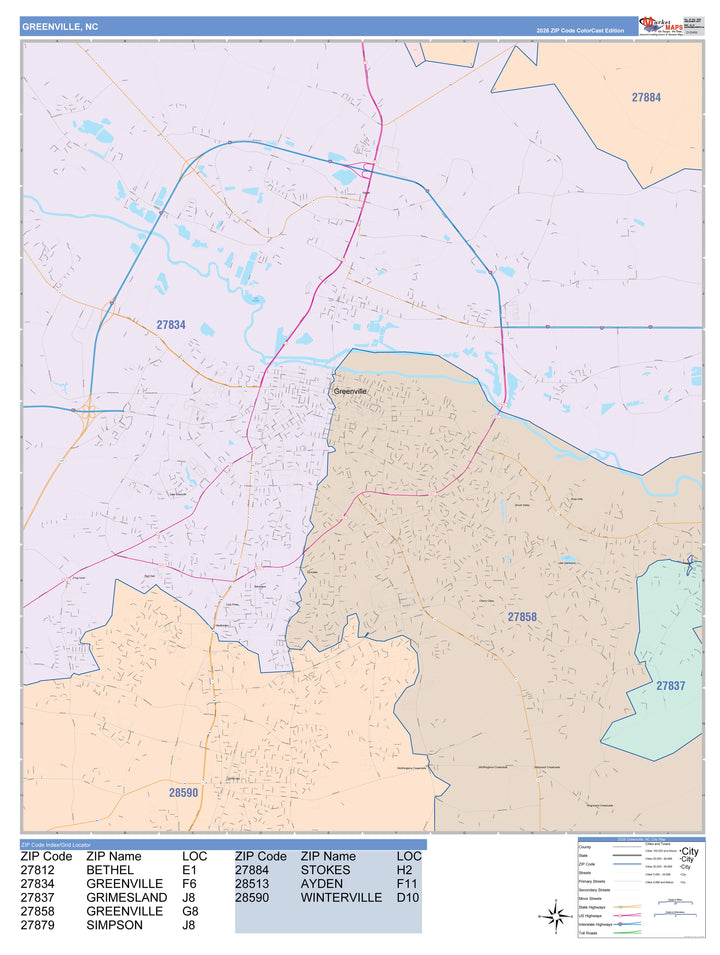 Color Cast Zip Code Style Wall Map of Greenville, NC