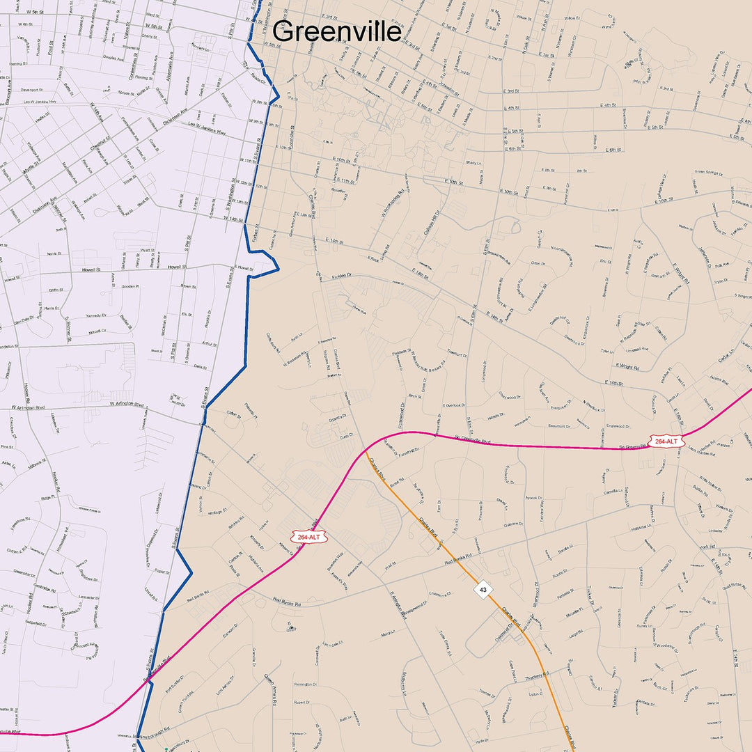Color Cast Zip Code Style Wall Map of Greenville, NC