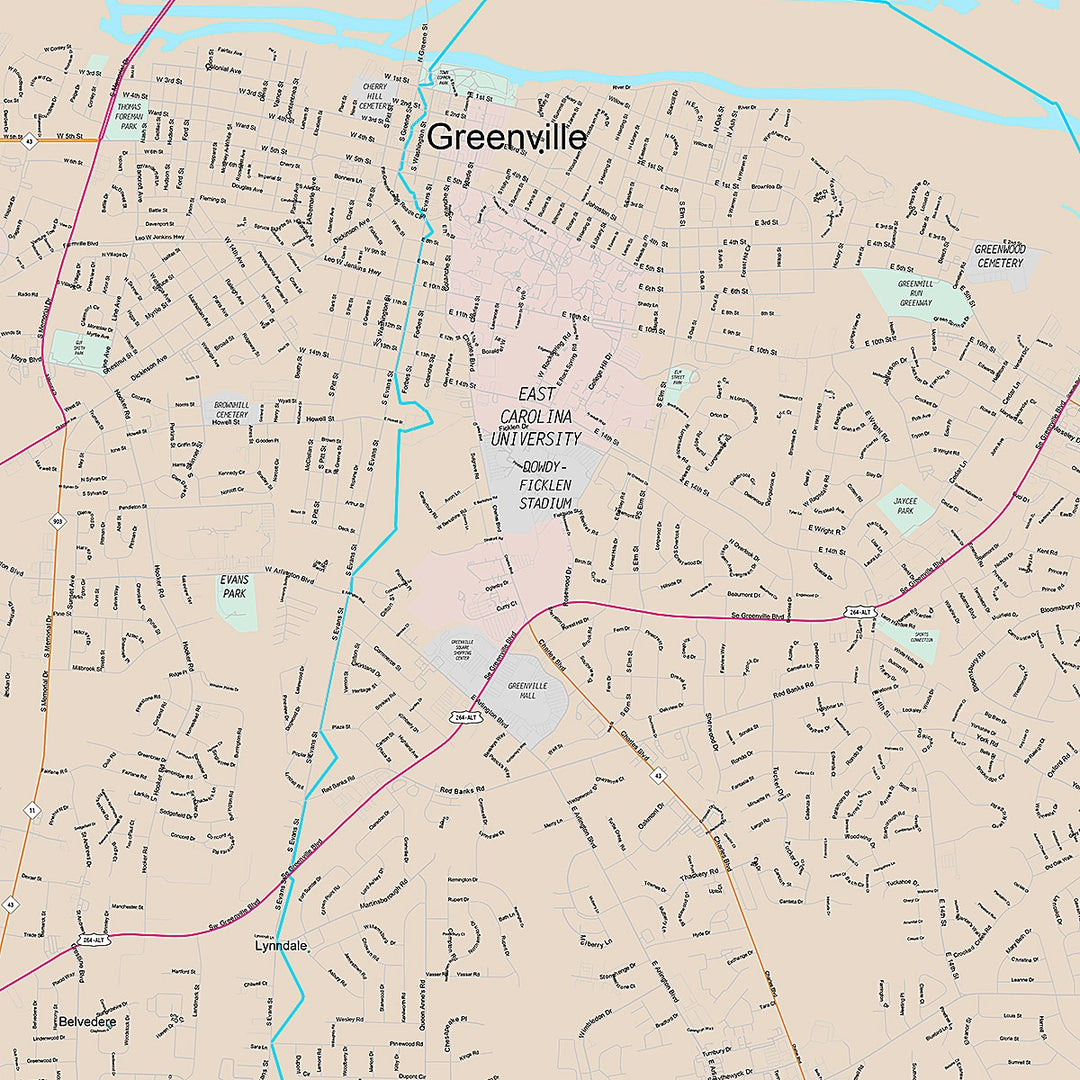 Premium Style Wall Map of Greenville, NC