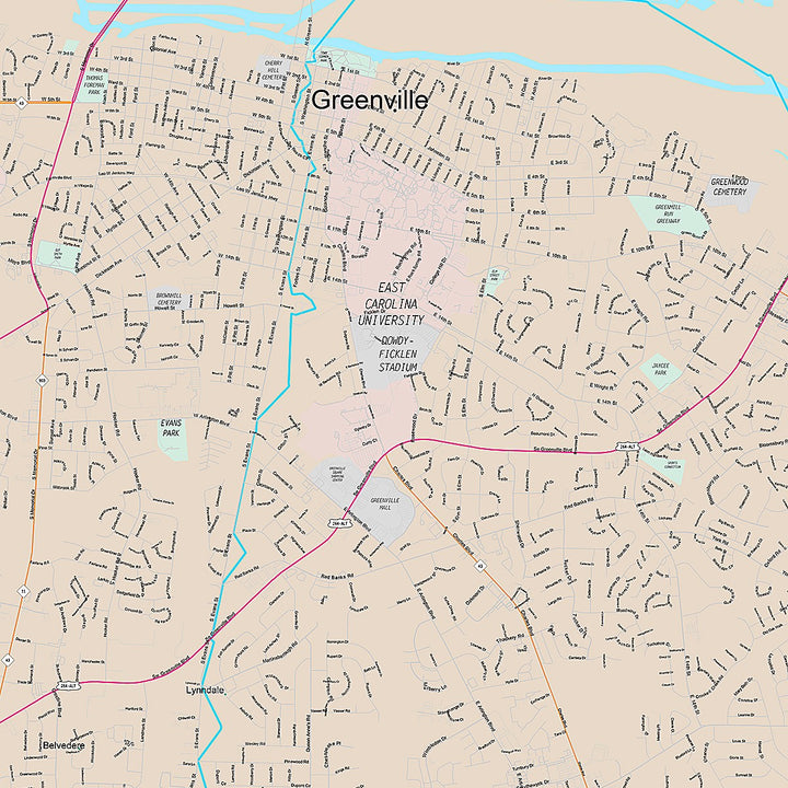 Premium Style Wall Map of Greenville, NC