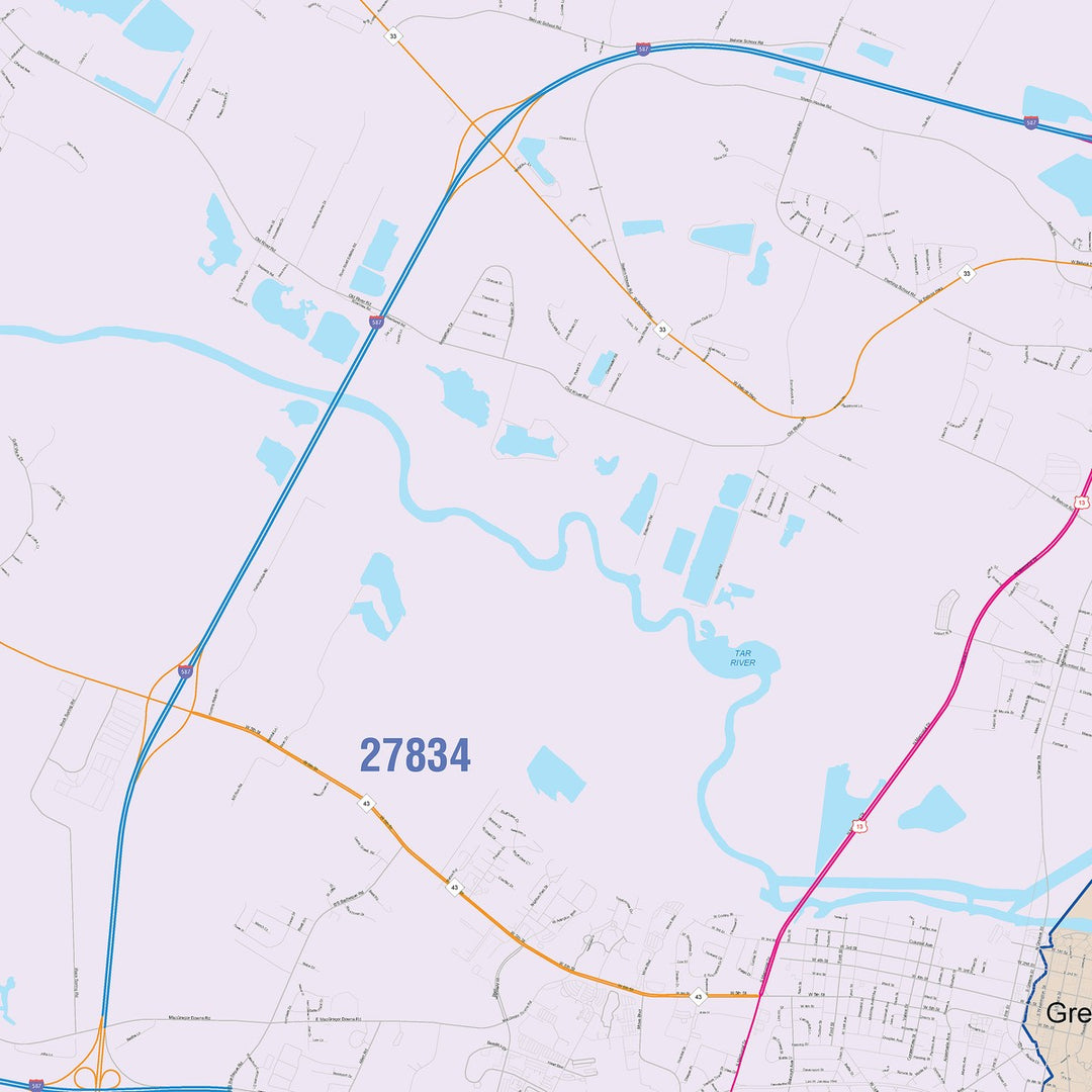 Color Cast Zip Code Style Wall Map of Greenville, NC