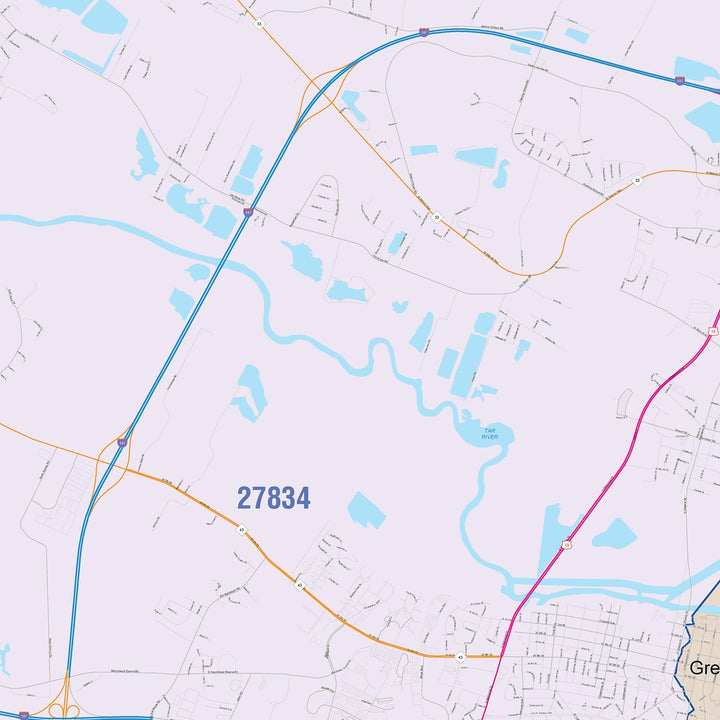 Color Cast Zip Code Style Wall Map of Greenville, NC