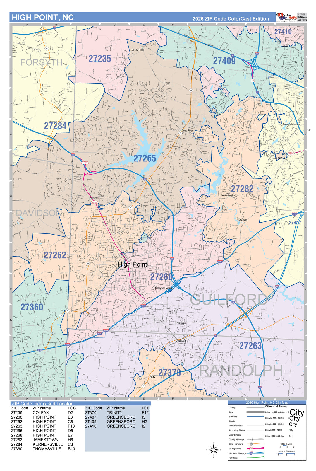 Color Cast Zip Code Style Wall Map of High Point, NC