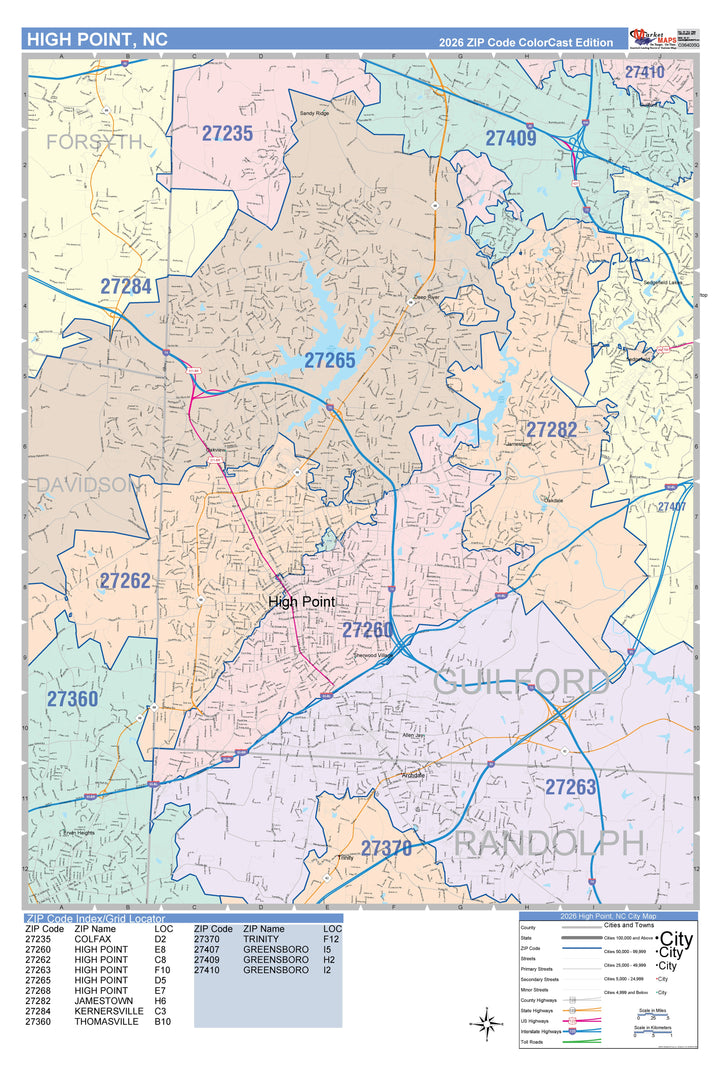 Color Cast Zip Code Style Wall Map of High Point, NC