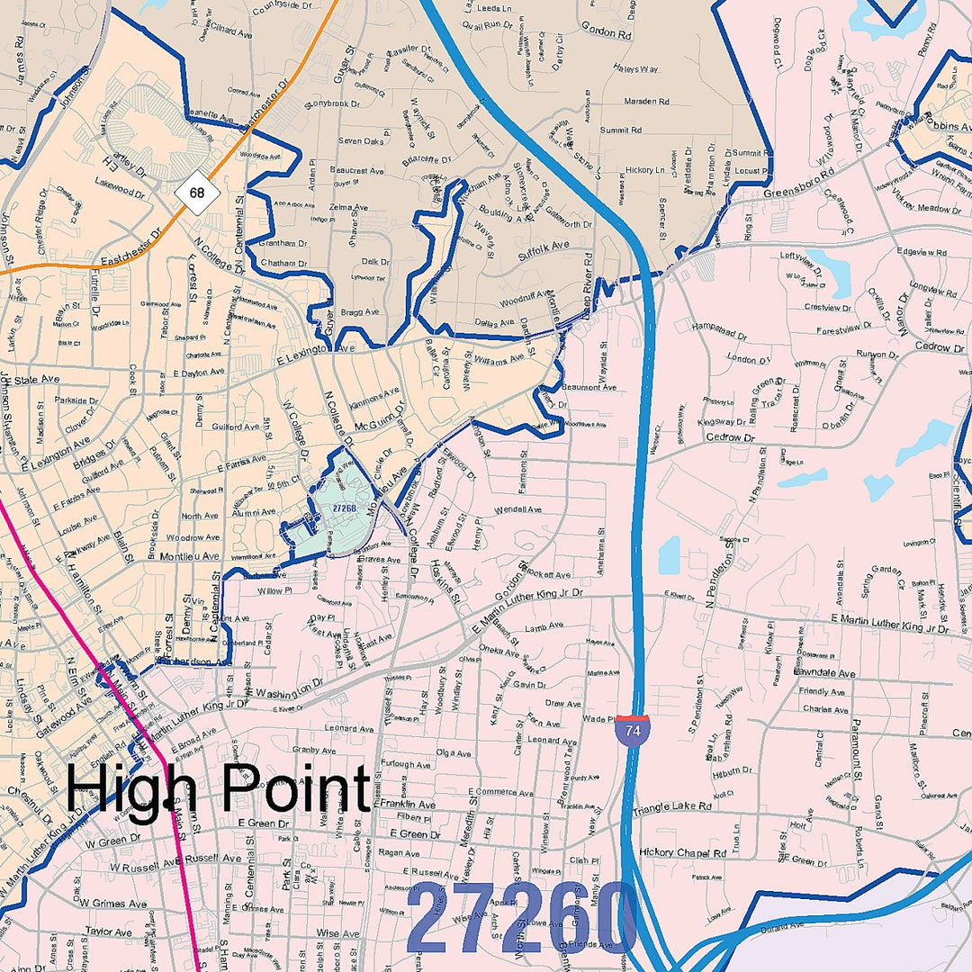 Color Cast Zip Code Style Wall Map of High Point, NC