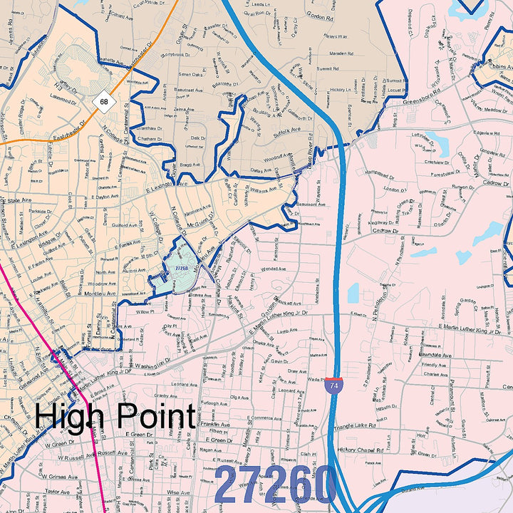 Color Cast Zip Code Style Wall Map of High Point, NC