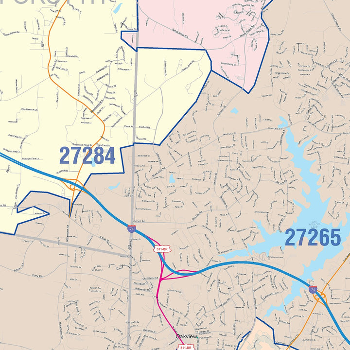 Color Cast Zip Code Style Wall Map of High Point, NC