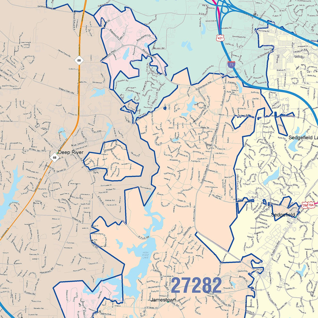 Color Cast Zip Code Style Wall Map of High Point, NC