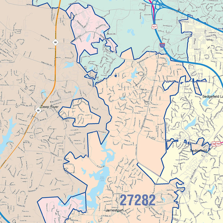 Color Cast Zip Code Style Wall Map of High Point, NC