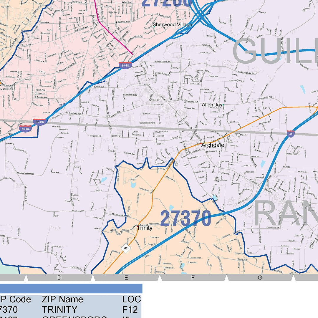 Color Cast Zip Code Style Wall Map of High Point, NC