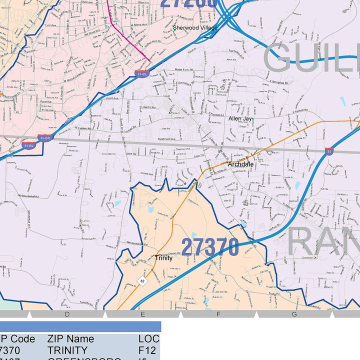 Color Cast Zip Code Style Wall Map of High Point, NC