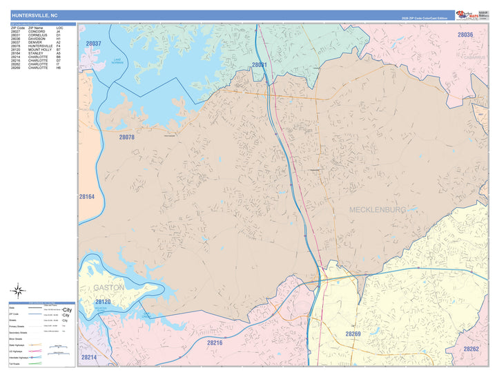 Color Cast Zip Code Style Wall Map of Huntersville, NC