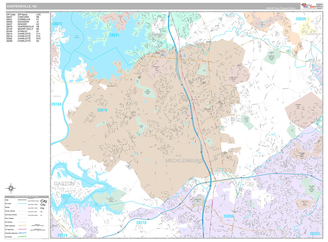 Premium Style Wall Map of Huntersville, NC