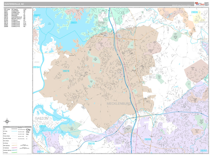 Premium Style Wall Map of Huntersville, NC