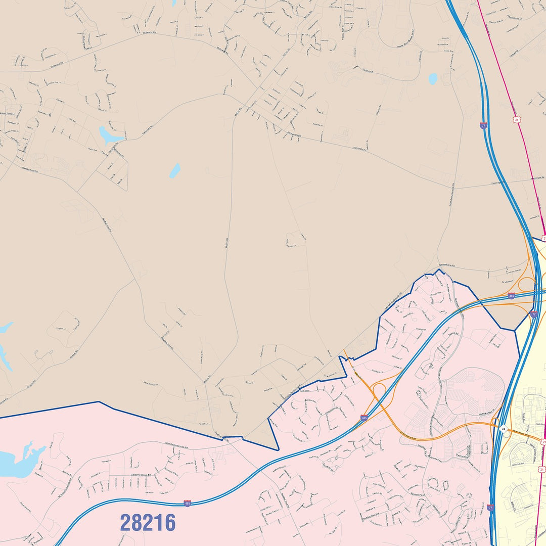 Color Cast Zip Code Style Wall Map of Huntersville, NC
