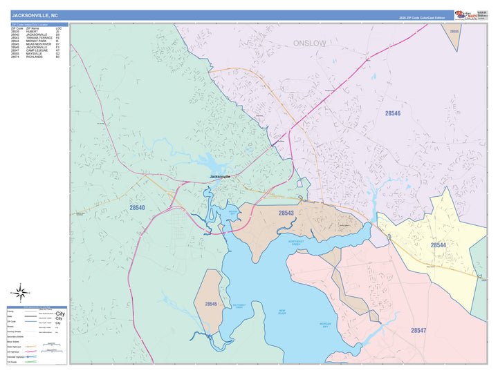 Color Cast Zip Code Style Wall Map of Jacksonville, NC