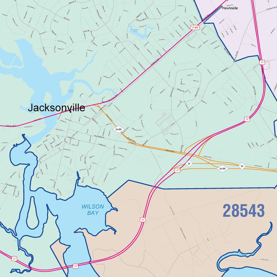 Color Cast Zip Code Style Wall Map of Jacksonville, NC