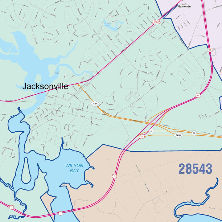 Color Cast Zip Code Style Wall Map of Jacksonville, NC