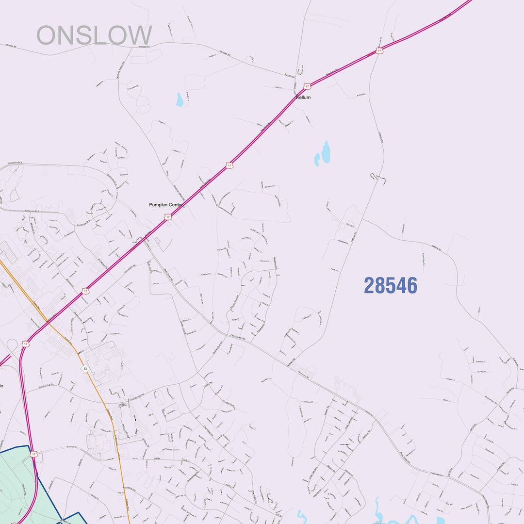 Color Cast Zip Code Style Wall Map of Jacksonville, NC