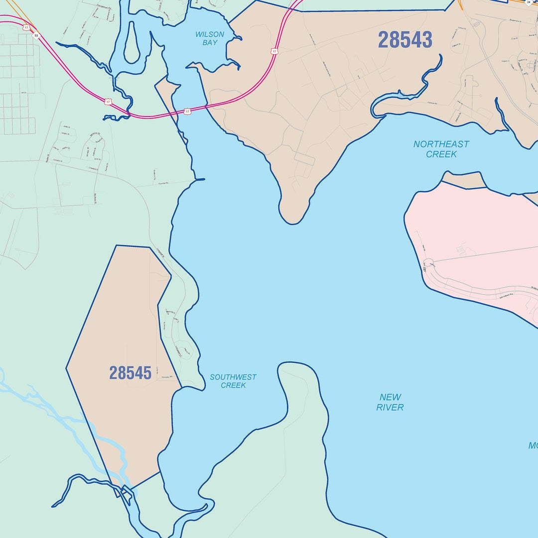 Color Cast Zip Code Style Wall Map of Jacksonville, NC