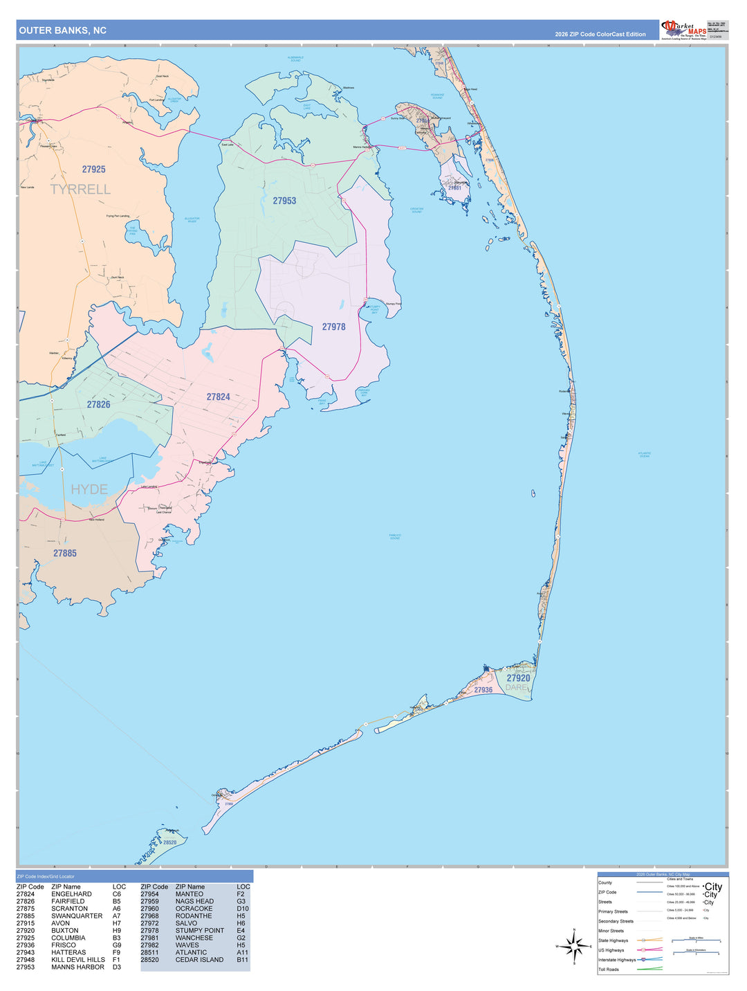 Color Cast Zip Code Style Wall Map of Outer Banks, NC