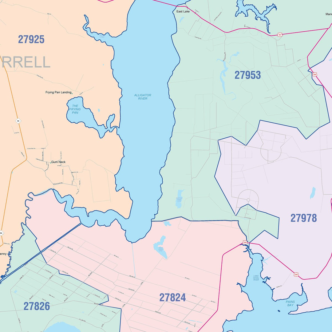 Color Cast Zip Code Style Wall Map of Outer Banks, NC
