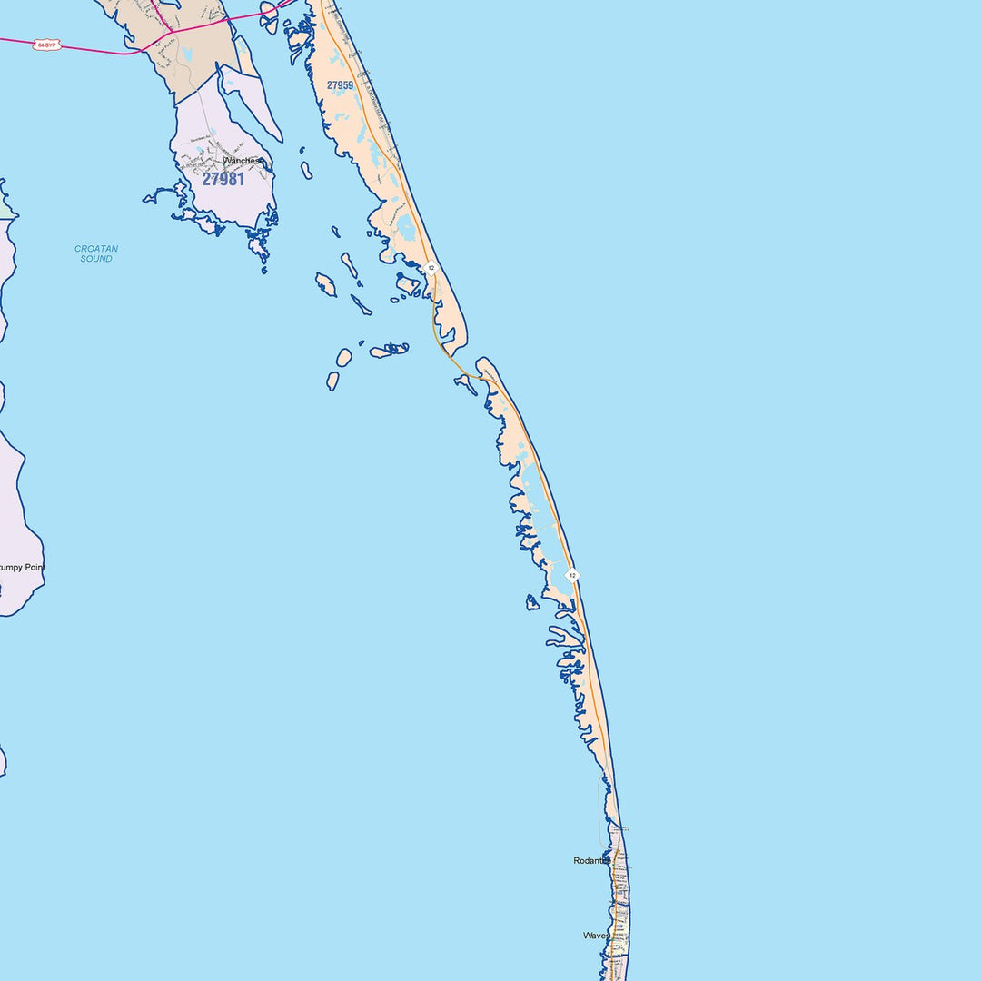 Color Cast Zip Code Style Wall Map of Outer Banks, NC