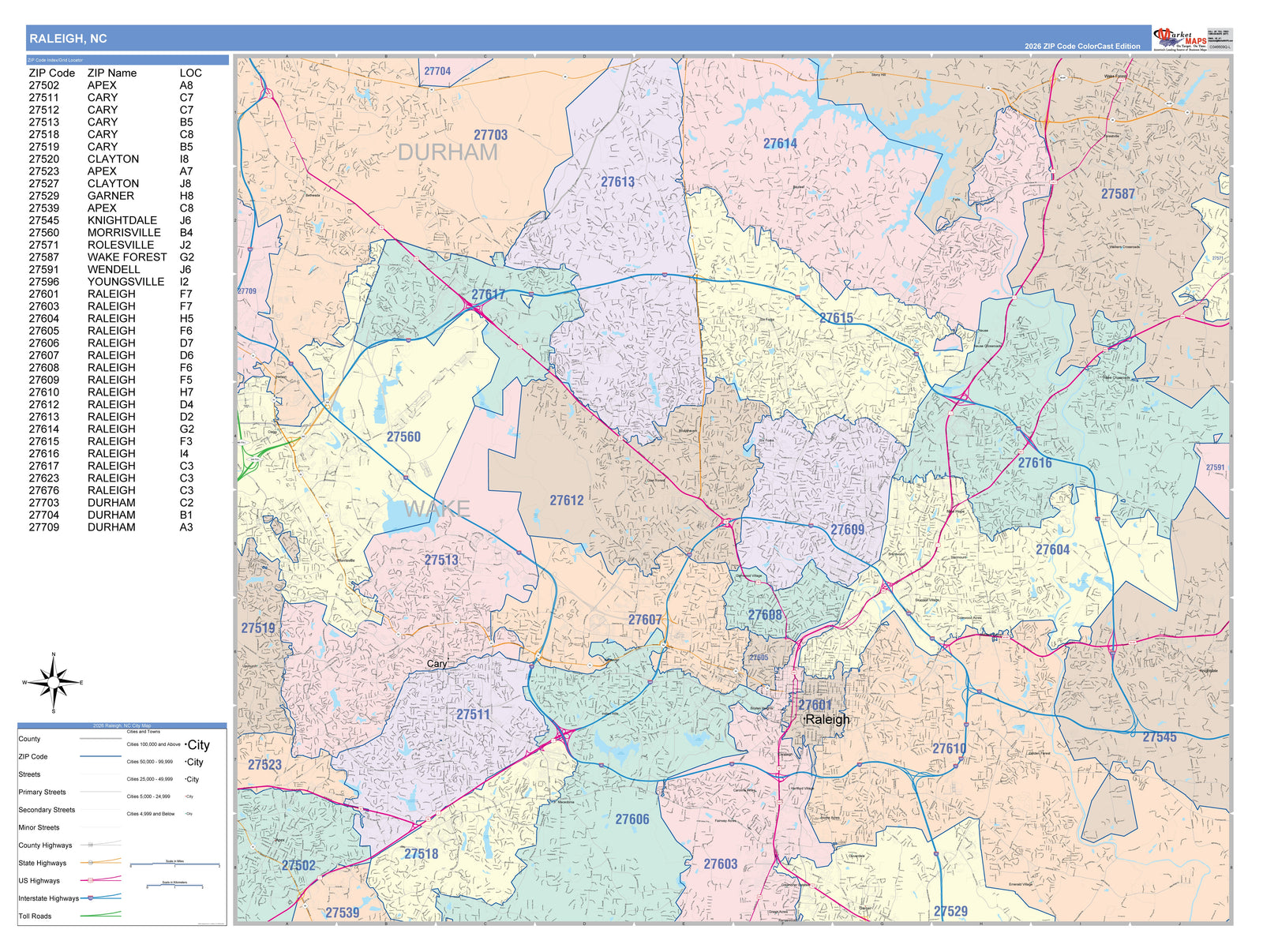 Color Cast Zip Code Style Wall Map of Raleigh NC