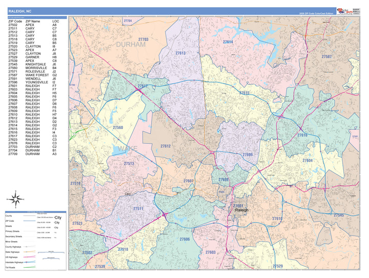 Color Cast Zip Code Style Wall Map of Raleigh NC