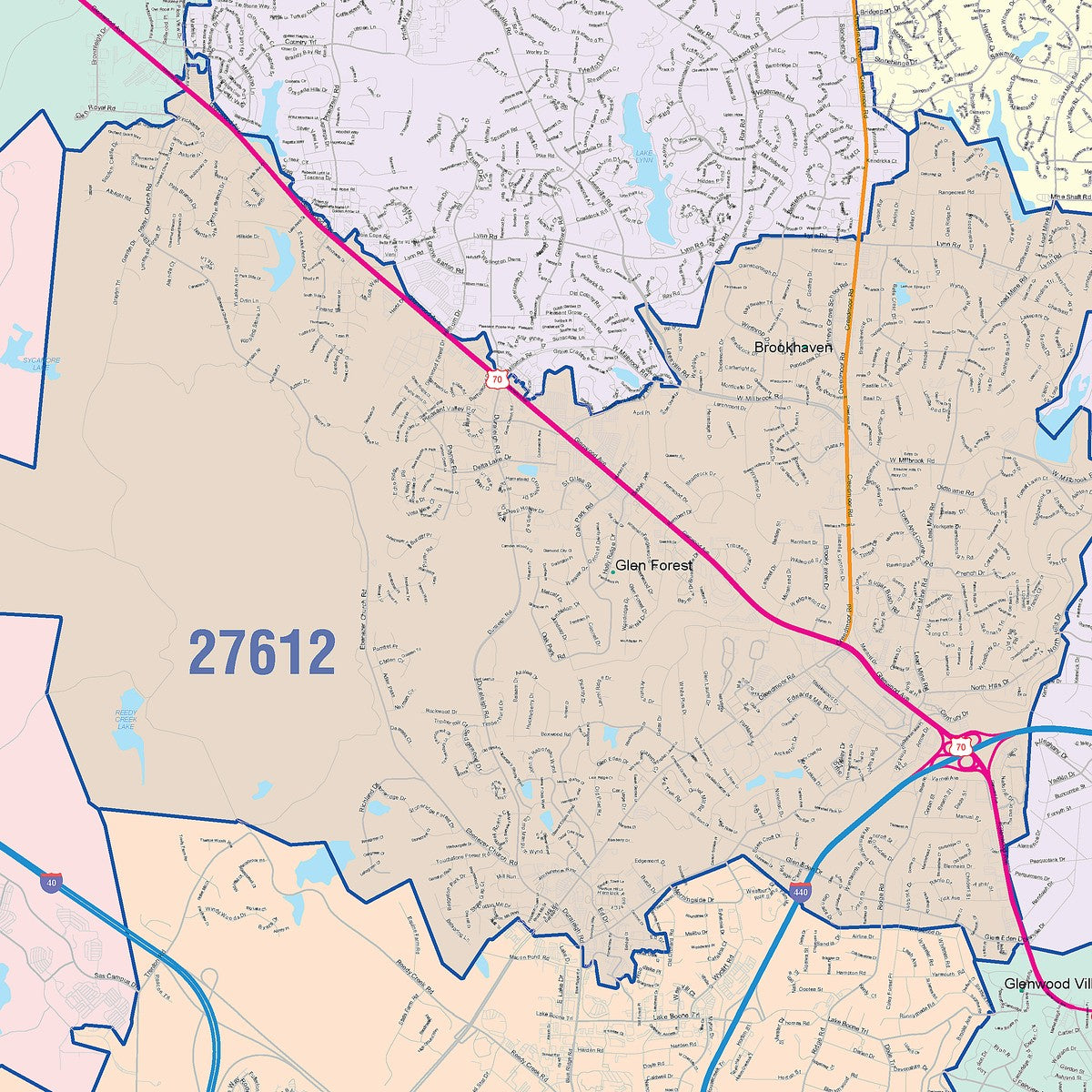 Color Cast Zip Code Style Wall Map of Raleigh, NC – American Map Store