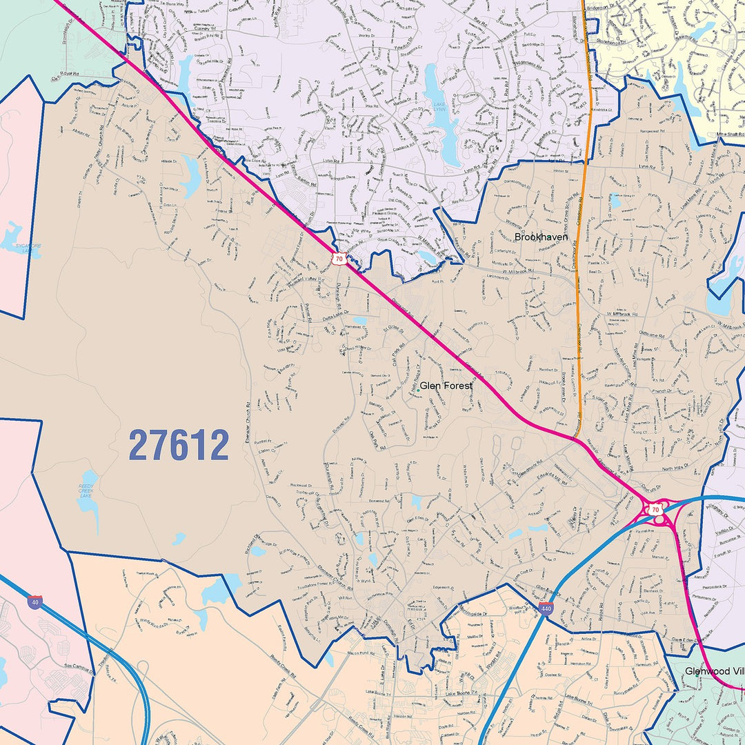 Color Cast Zip Code Style Wall Map of Raleigh NC